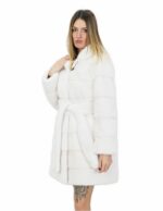 Cappotto pelliccia 56 visone bianco con cappuccio 91 centimetri orizzontale tasche esterne