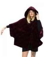 Pelliccia visone taglia 46 rosso rubino mantella lungo 72 centimetri cappuccio donna
