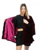 Pelliccia visone taglia 46 rosso rubino mantella lungo 72 centimetri cappuccio donna