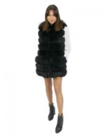 Smanicato pelliccia volpe nero 48 con riporti pelle chiusura ganci alto 78 centimetri