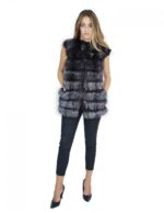 Gilet pelliccia volpe blu grigio antracite con inserti di pelle scamosciata 44-46