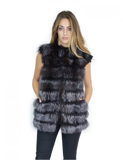 Gilet pelliccia volpe blu grigio antracite con inserti di pelle scamosciata 44-46