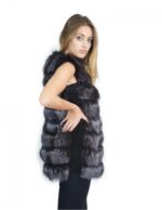 Gilet pelliccia volpe blu grigio antracite con inserti di pelle scamosciata 44-46