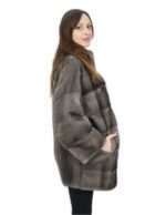 Blue horizontal mink coat iris pistagna 44 full leather back with external pockets - Image 3