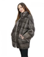 Blue horizontal mink coat iris pistagna 44 full leather back with external pockets - Image 4