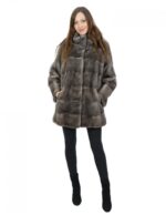 Blue horizontal mink coat iris pistagna 44 full leather back with external pockets - Image 5