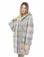 Cappottino in visone orizzontale grigio con cappuccio 46 lungo 84 centimetri con tasche esterne
