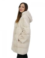 Cappottino beige in visone orizzontale con cappuccio 44 lungo 88 centimetri con coulisse vita