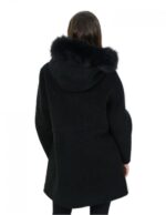 Cappottino in montone rovesciato nero con cappuccio 48 bordo volpe con tasche esterne