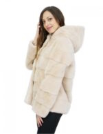 Giacca visone orizzontale 42 beige cappuccio manica lunga e ganci