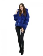 Blouson pelliccia visone blu 42 giacca 62 cm con cappuccio tasche esterne
