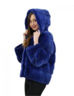 Blouson pelliccia visone blu 42 giacca 62 cm con cappuccio tasche esterne