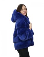 Blouson pelliccia visone blu 42 giacca 62 cm con cappuccio tasche esterne
