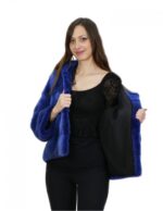 Blouson pelliccia visone blu 42 giacca 62 cm con cappuccio tasche esterne