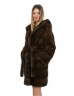 Brauner Nerzfellgürtel 50 100cm langer Mantel mit Kapuze Außentaschen – Bild 3
