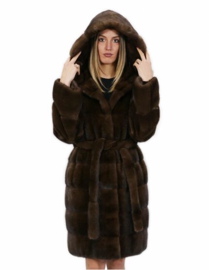 Cintura pelliccia visone Brown 50 cappotto lungo 100 centimetri con cappuccio tasche esterne