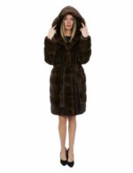 Brown 52 mink fur belt 100cm long coat with hood outside pockets - Image 5
