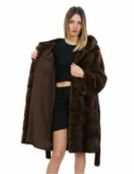 Brown 52 mink fur belt 100cm long coat with hood outside pockets - Image 7