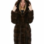 Cintura pelliccia visone Brown 52 cappotto lungo 100 centimetri con cappuccio tasche esterne