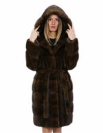 Cintura pelliccia visone Brown 52 cappotto lungo 100 centimetri con cappuccio tasche esterne