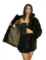 Cappotto lungo 72 cm 44-50 visone veste comodo pelle intera cappuccio tasche interne laterali chiusura ganci interni
