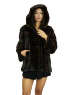 Cappotto lungo 72 cm 46 visone orizzontale pelle intera cappuccio tasche interne laterali chiusura ganci interni