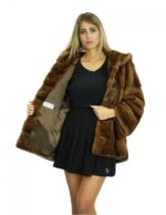 Cappotto 44-50 lungo 72 cm visone veste comodo pelle intera cappuccio tasche interne laterali chiusura ganci interni