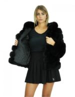 60 cm lange Jacke aus schwarzem Fuchsfell mit horizontaler Verarbeitung, voluminöse Kapuze – Bild 7