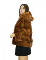 Jacket 44 dark gold mink fur with horizontal full skin knit with fur lined hood and sleeves - Image 3