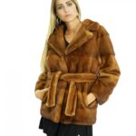 Giacca pelliccia 44 visone gold scuro collo petto e bavero maniche lunghe tasche laterali e cintura in pelliccia