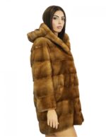 Coat 78 cm 44 dark gold mink fur with hood long sleeves side pockets - Image 3