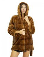 Cappotto 44 pelliccia 78 cm visone gold scuro con cappuccio maniche lunghe tasche laterali