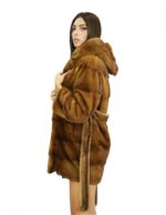 Cappotto 44 pelliccia 78 cm visone gold scuro con cappuccio maniche lunghe tasche laterali