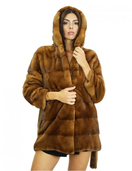 Cappotto 46 pelliccia 78 cm visone gold scuro con cappuccio maniche lunghe tasche laterali