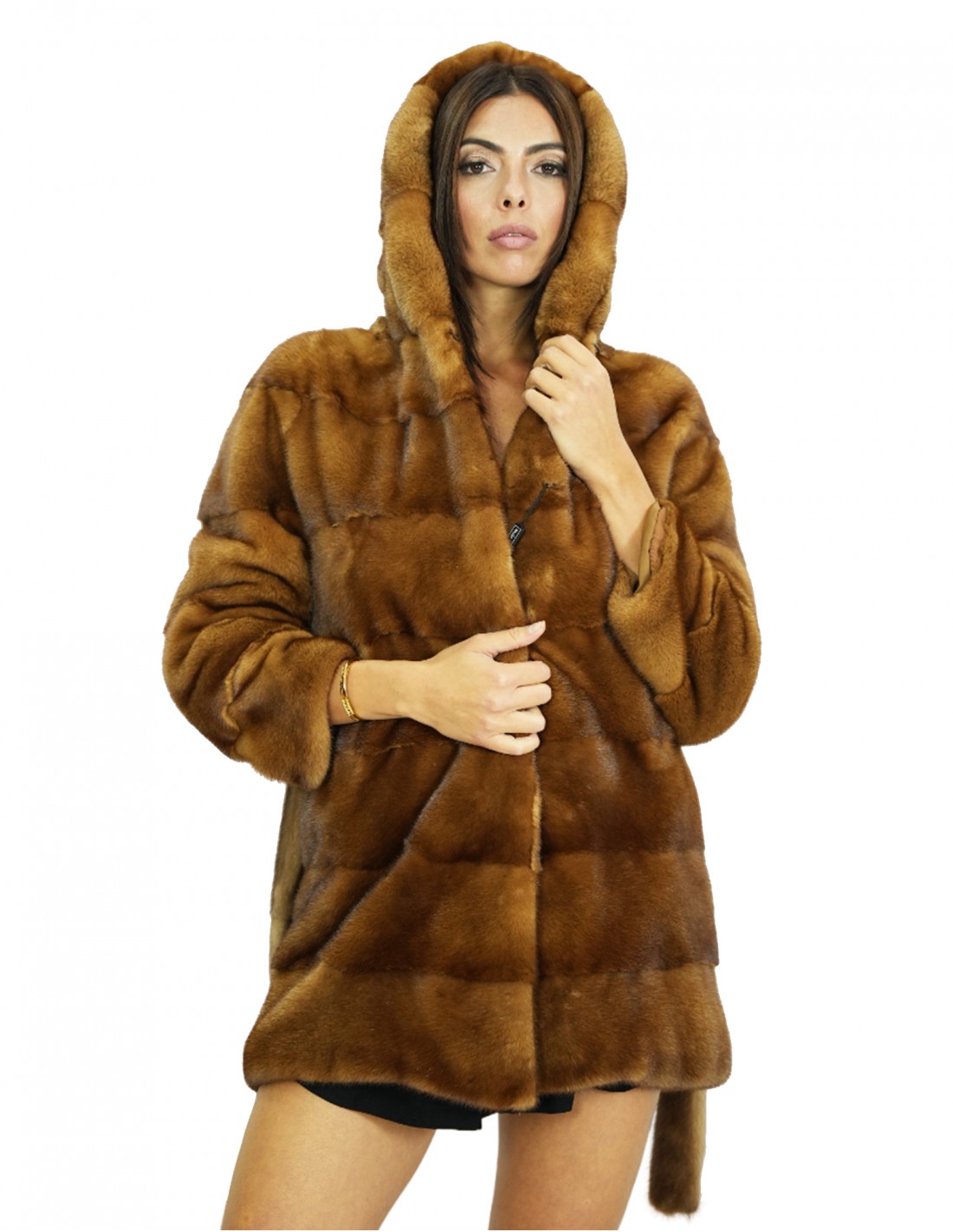 Cappotto 46 pelliccia 78 cm visone gold scuro con cappuccio maniche lunghe tasche laterali Mantel 46 Fell 78 cm Nerz dunkelgold mit Kapuze, lange Ärmel, Seitentaschen – Bild 1