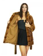 Cappotto 44 pelliccia 78 cm visone gold scuro con cappuccio maniche lunghe tasche laterali