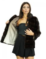 Jacke 42 66 cm lang Mahagoni-Nerzfell mit horizontalem Strick Langarm mit Kapuze – Bild 7