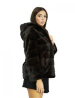 Giacca 46 lunga 66 cm pelliccia di visone mogano con lavorazione orizzontale a manica lunga con cappuccio