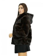 Giacca 46 lunga 66 cm pelliccia di visone mogano con lavorazione orizzontale a manica lunga con cappuccio