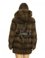 Cappotto 44 lungo 82 centimetri in pelliccia di visone demi marrone con cappuccio con bottone e cinta pelle