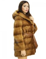 Cappotto 42 lungo 82 centimetri in pelliccia di visone gold con cappuccio foderato in pelliccia e chiusura con bottone e cintura
