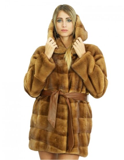 Cappotto 44 lungo 82 cm in pelliccia di visone gold con cappuccio foderato in pelliccia e chiusura con bottone e cinta