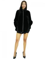 Cappotto lungo 70 cm 52 montone nero con collo pistagna maniche lunghe con chiusura con zip e tasche laterali