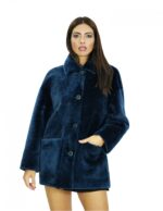 Cappotto montone lungo 78 cm 54 blue con collo pistagna in pelliccia maniche lunghe con chiusura bottoni tasche a boccale