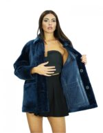 Cappotto montone lungo 78 cm 56 blue con collo pistagna in pelliccia maniche lunghe con chiusura bottoni tasche a boccale