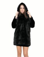 Nero 46 cappotto lungo 94 cm pelliccia di visone con lavorazione orizzontale a pelle intera con cappuccio
