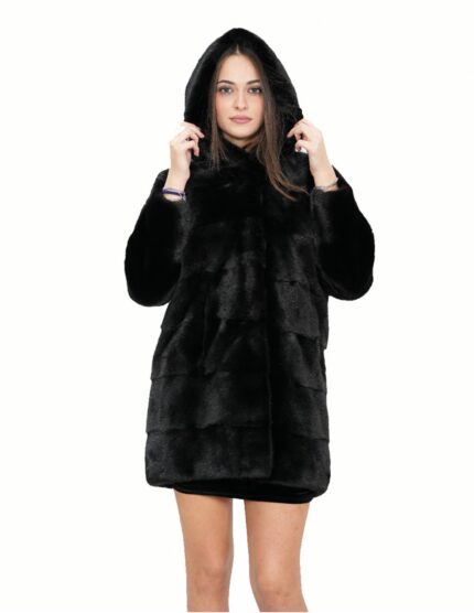 Nero 46 cappotto lungo 94 cm pelliccia di visone con lavorazione orizzontale a pelle intera con cappuccio