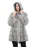 Cappotto parka 46 zaffiro pelliccia visone con cappuccio coulisse vita manica lunga
