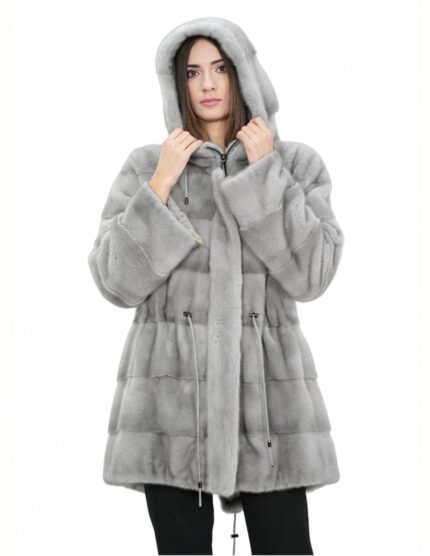 Cappotto parka 46 zaffiro pelliccia visone con cappuccio coulisse vita manica lunga