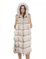 Gilet lungo in pelliccia di volpe rosa 52 con cappuccio e pelle scamosciata 112 centimetri